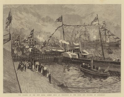 コンノート公爵と公爵夫人によるウーリッジでの新しいロイヤルアルバートドックの開通 作： William Lionel Wyllie